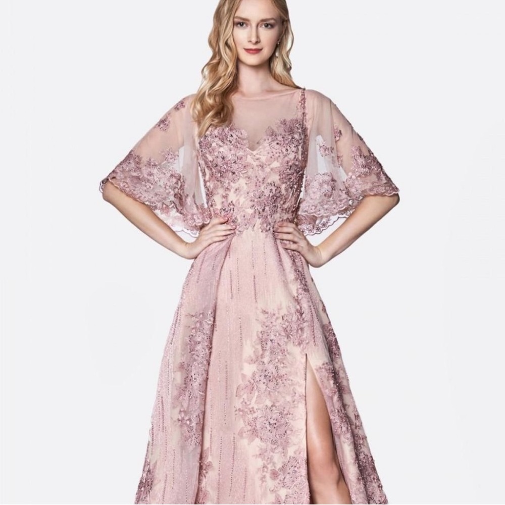 Cinderella Pink Flutter Sleeve Maxi Gown with Slit
